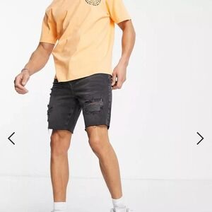 Topman ripped slim denim shorts in black wash